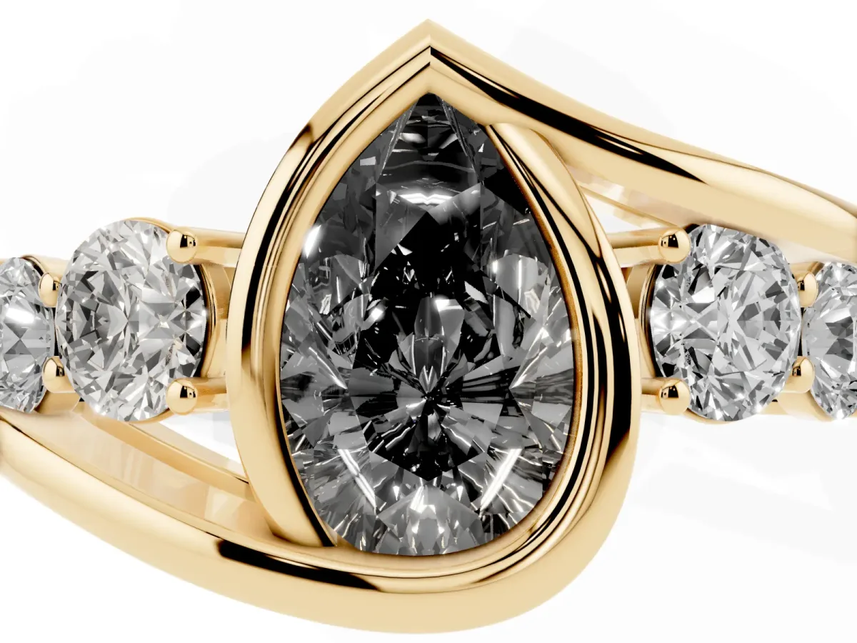 Fancy Black Bezel Set Pear Cut Diamond Bypass Ring with Round Accents Yellow gold