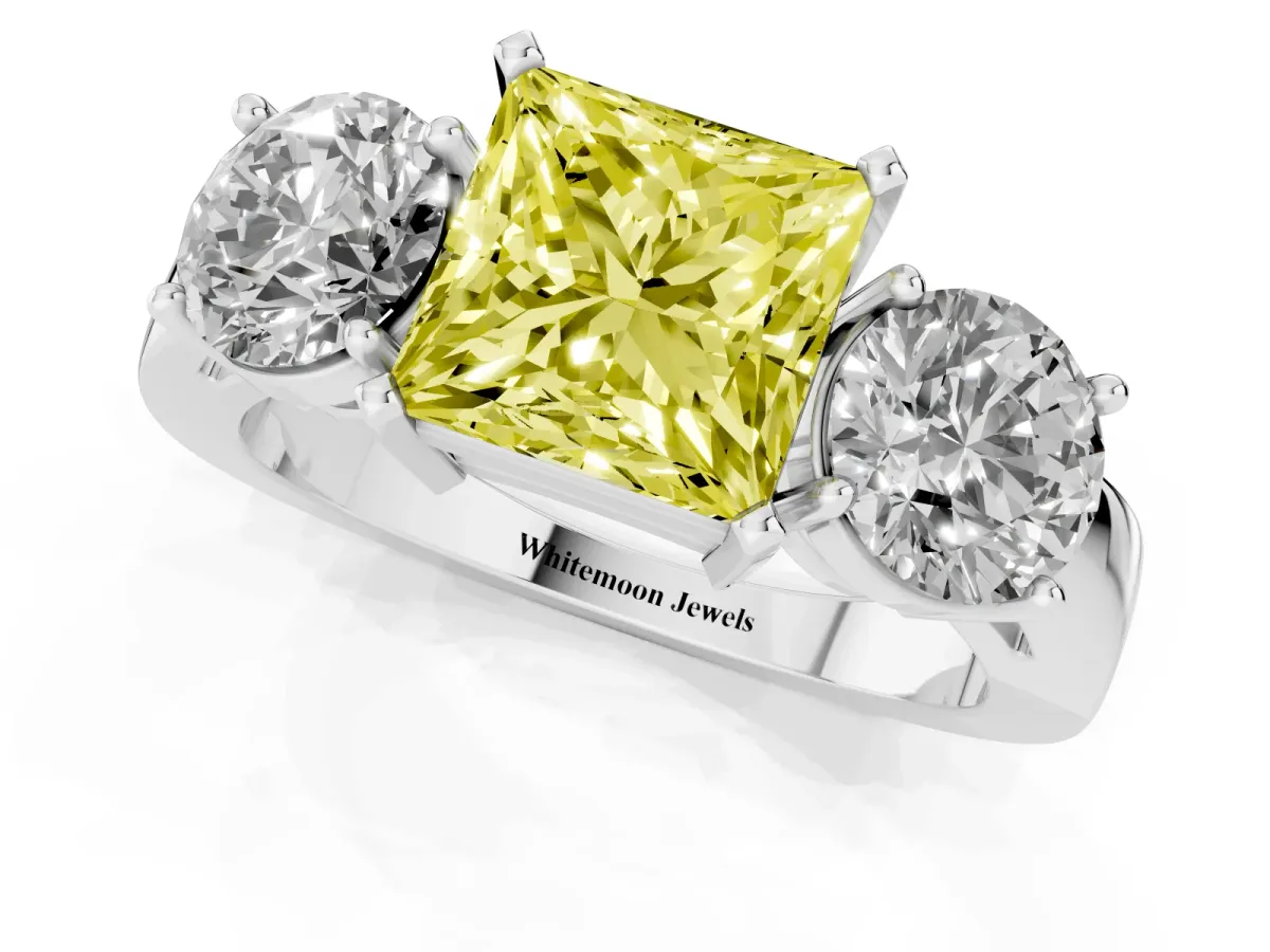Fancy Yellow Three-Stone Princess Cut Diamond Ring with Round Side Stones, Classic Band, and Four-Prong Setting Platinum