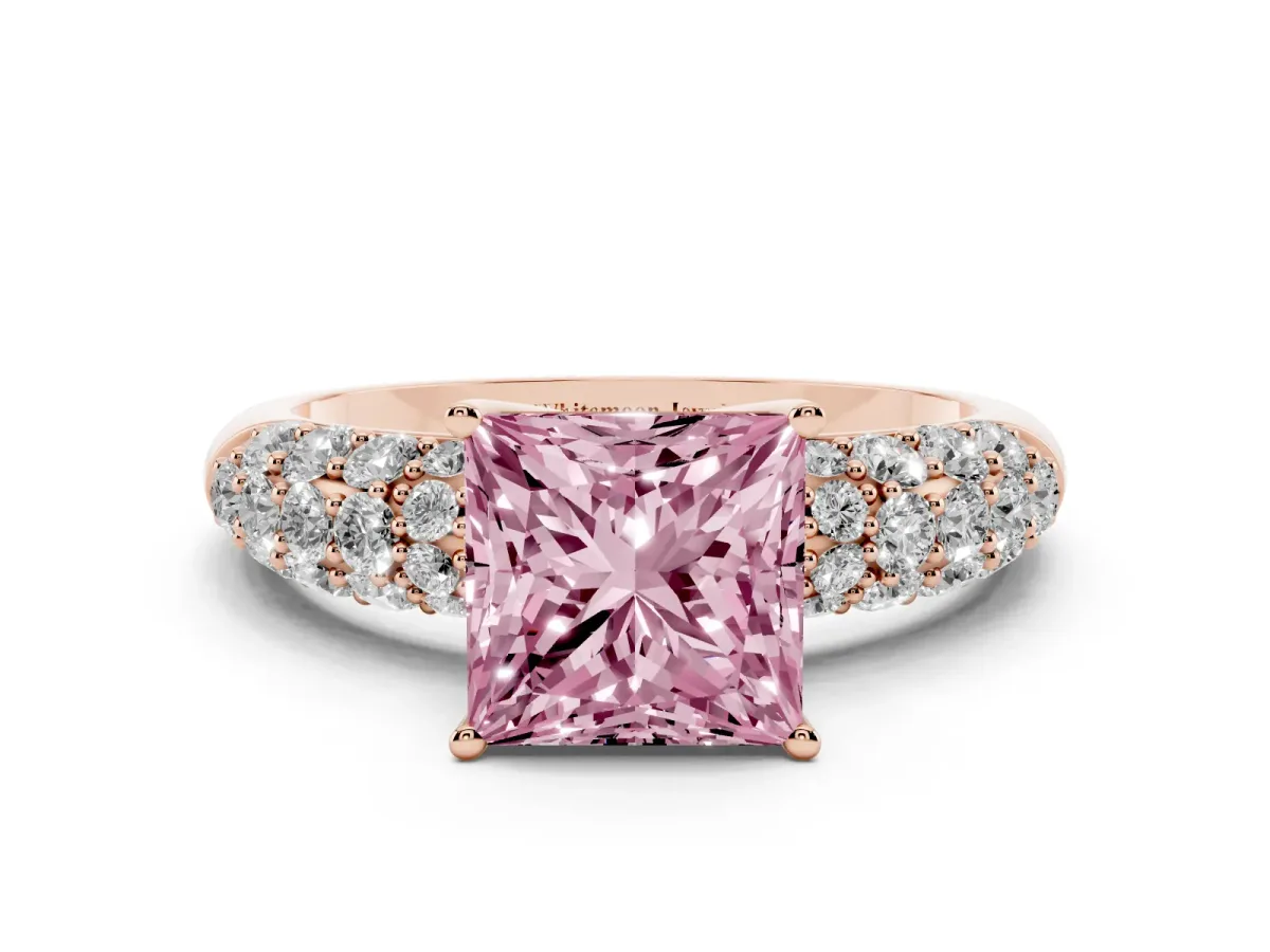 Fancy Pink Princess Cut Diamond Pavé Band Solitaire Ring with Four-Prong Setting Rose gold