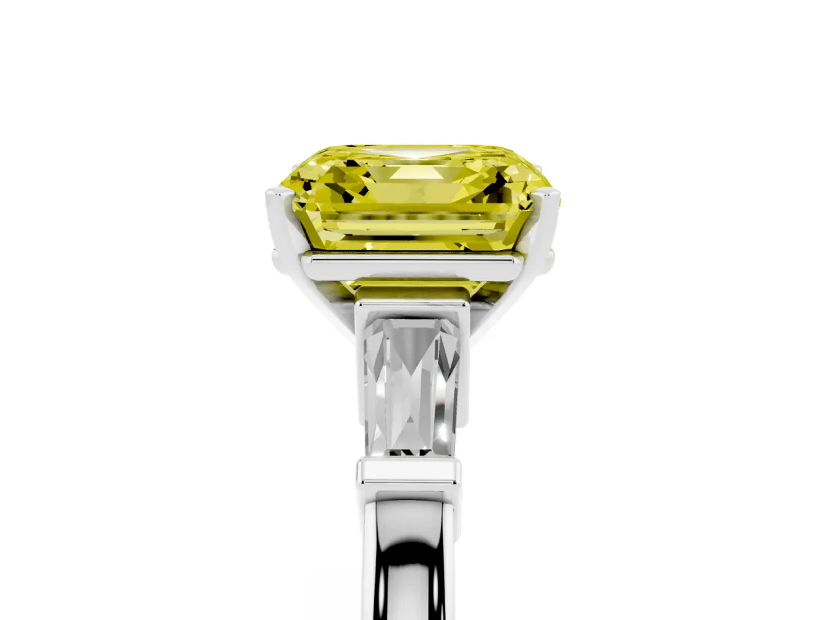 Fancy Yellow Asscher Cut Cut Diamond Solitaire Ring with Tapered Baguette Accents and Four-Prong Setting Platinum