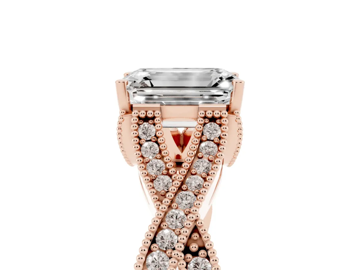 Emerald Cut Cut Diamond Twisted Band with Milgrain Pave Setting and Four-Prong Setting Rose gold