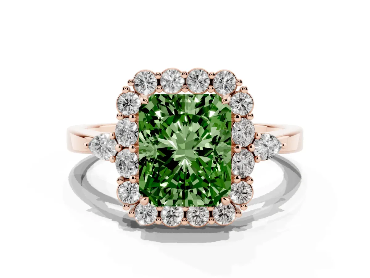 Fancy Green Radiant Cut Diamond Halo Ring with Pear Side Stones and Prong Setting Rose gold