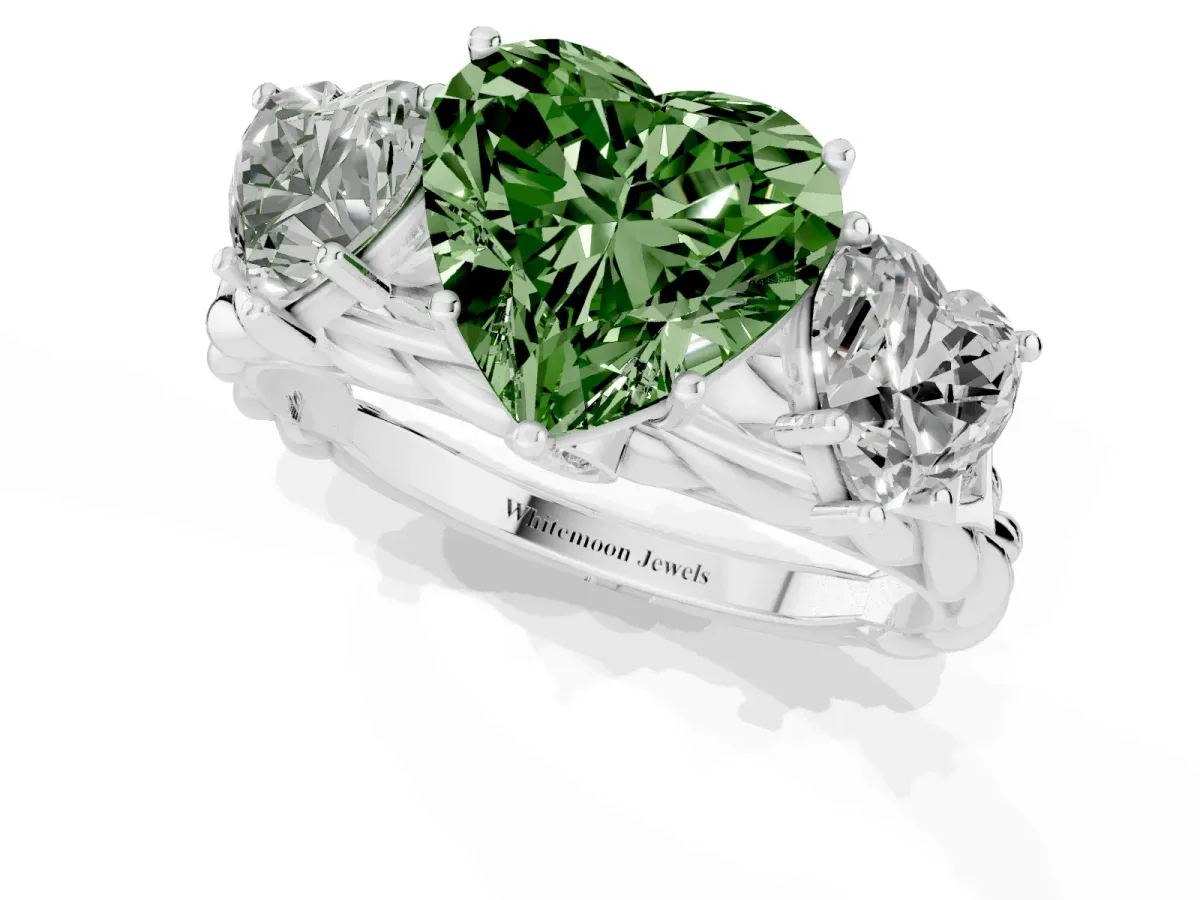 Fancy Green Three-Stone Heart Cut Diamond Braided Band Ring with Four-Prong Setting Silver