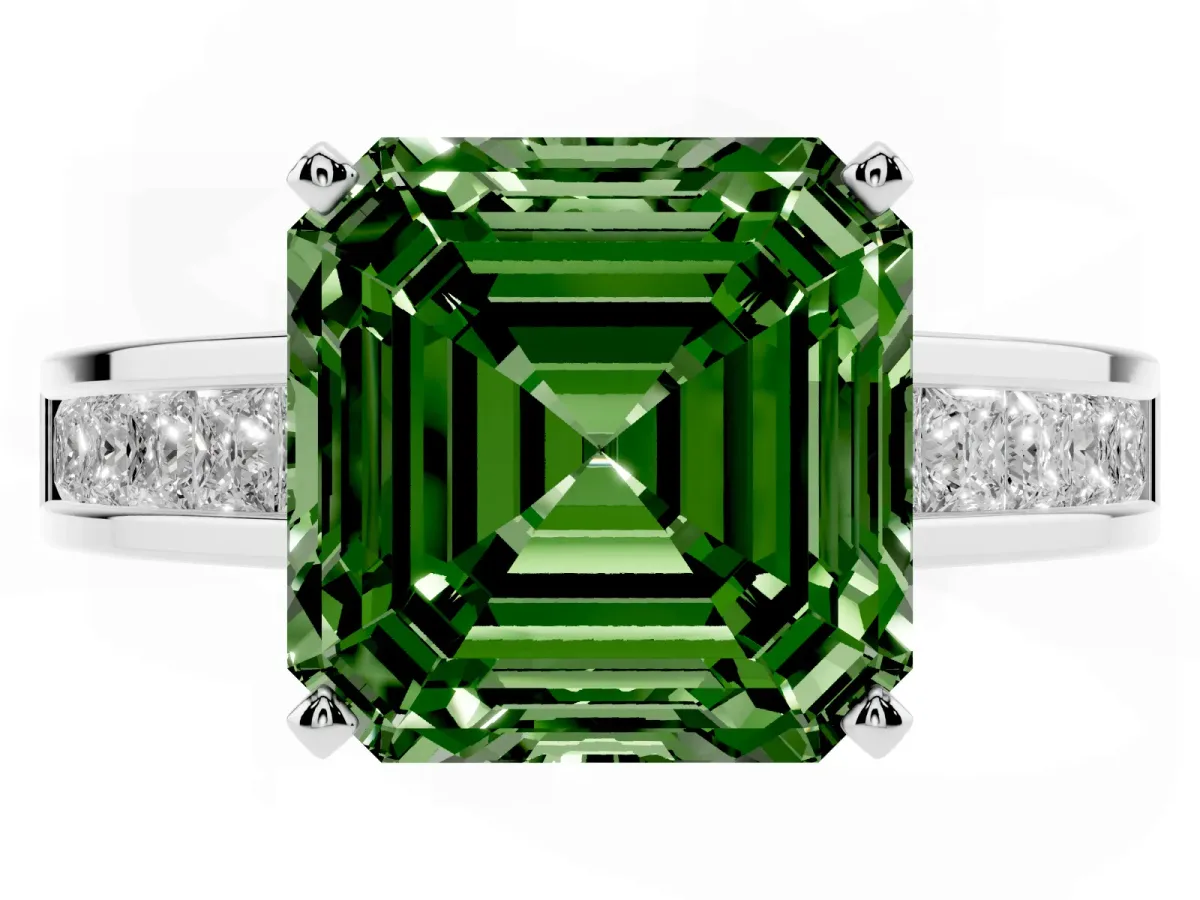 Fancy Green Asscher Cut Solitaire Diamond Ring with Channel-Set Band and Four-Prong Setting Silver