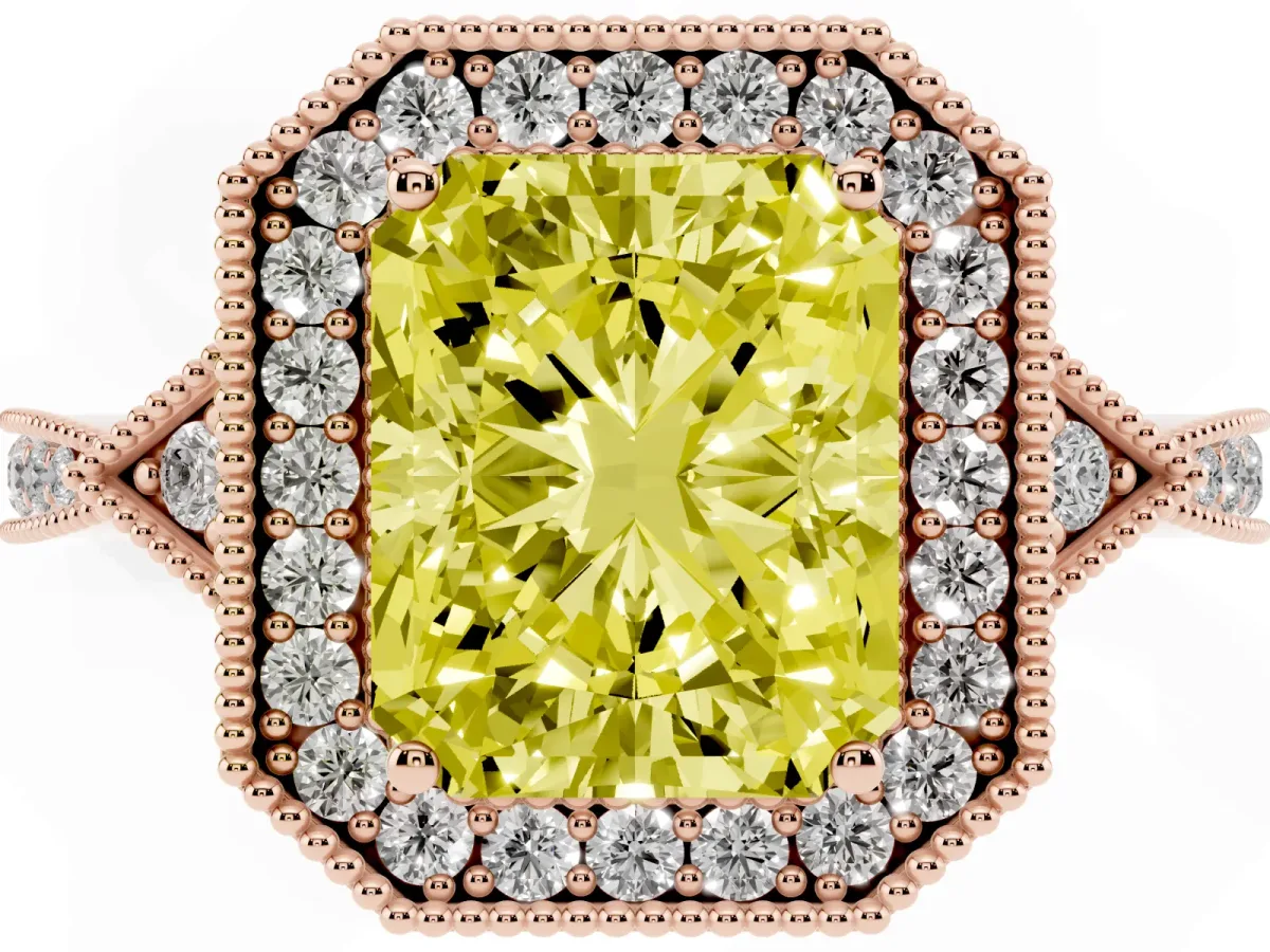 Fancy Yellow Radiant Cut Halo Round Diamond Milgrain Pave Engagement Ring Rose gold