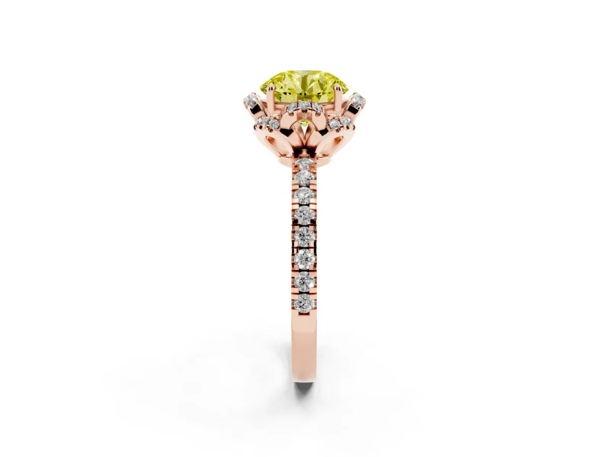 Fancy Yellow Round Cut Halo Diamond Pave Band Ring with Four-Prong Setting Rose gold