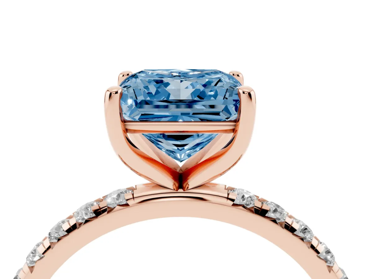 Fancy Blue Princess Cut Cut Diamond Solitaire Ring with Micro Pave Band and Four Prong Setting Rose gold