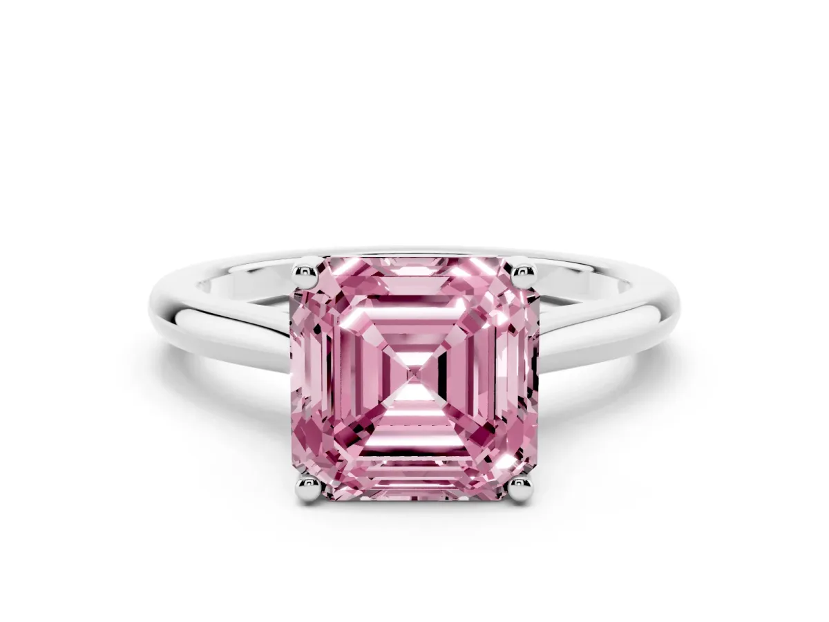 Fancy Pink Asscher Cut Cut Solitaire Ring with Cathedral Band and Four-Prong Setting Platinum
