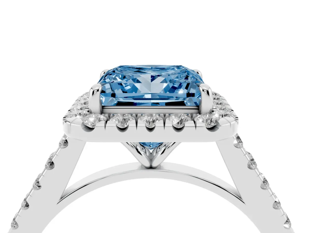 Fancy Blue Princess Cut Halo Pave Diamond Engagement Ring with Four-Prong Setting Platinum