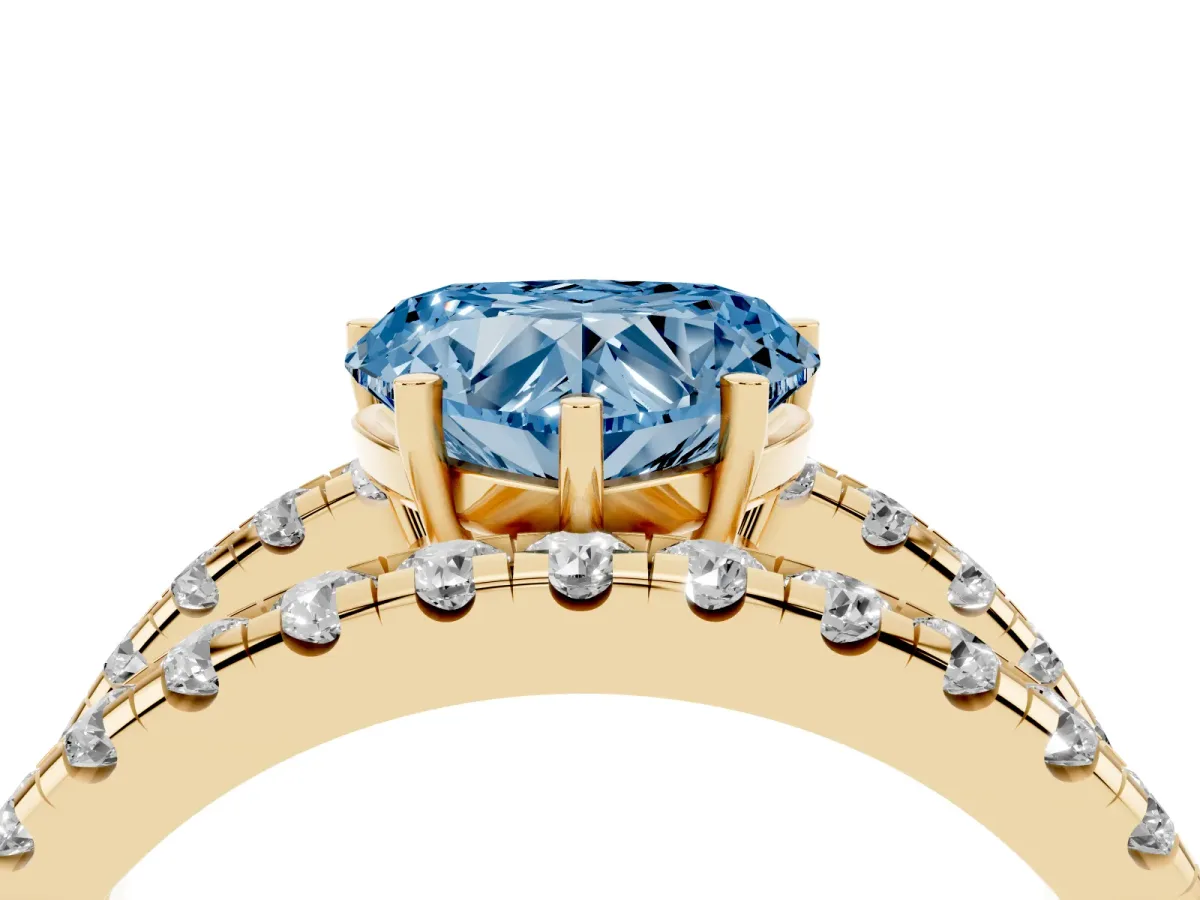 Fancy Blue Heart Cut Solitaire Split Shank Pave Diamond Ring Yellow gold