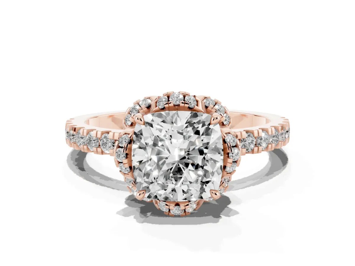 Cushion Cut Diamond Halo Pave Band with Four-Prong Setting Rose gold