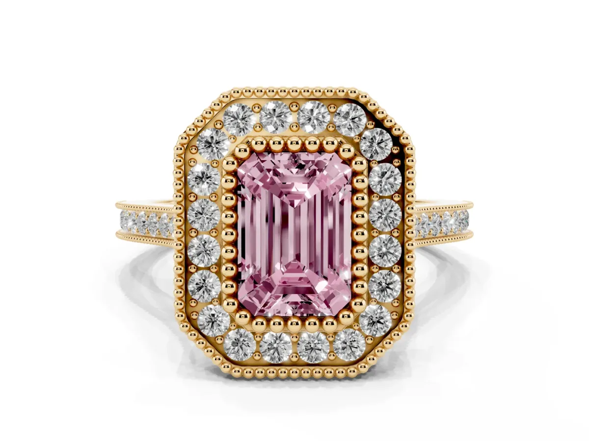 Fancy Pink Emerald Cut Diamond Halo Ring with Milgrain Frame and Pavé Band Yellow gold