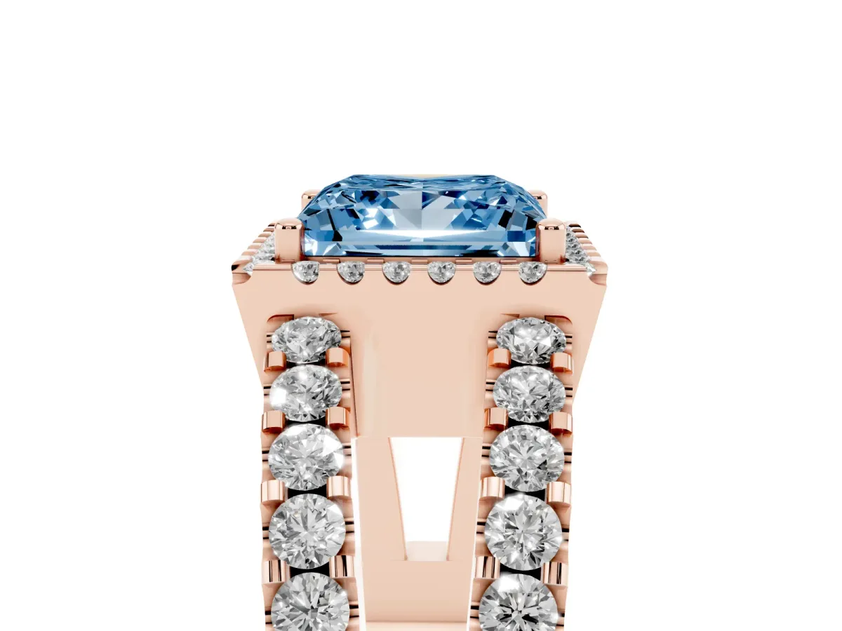 Fancy Blue Princess Cut Cut Halo Split Shank Diamond Ring with Four-Prong Setting Rose gold