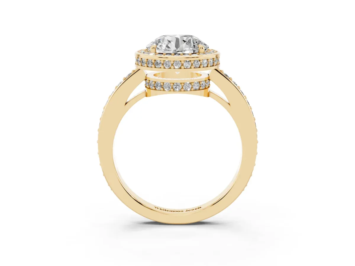 Round Cut Halo Pave Band Solitaire Ring with Prong Setting Yellow gold