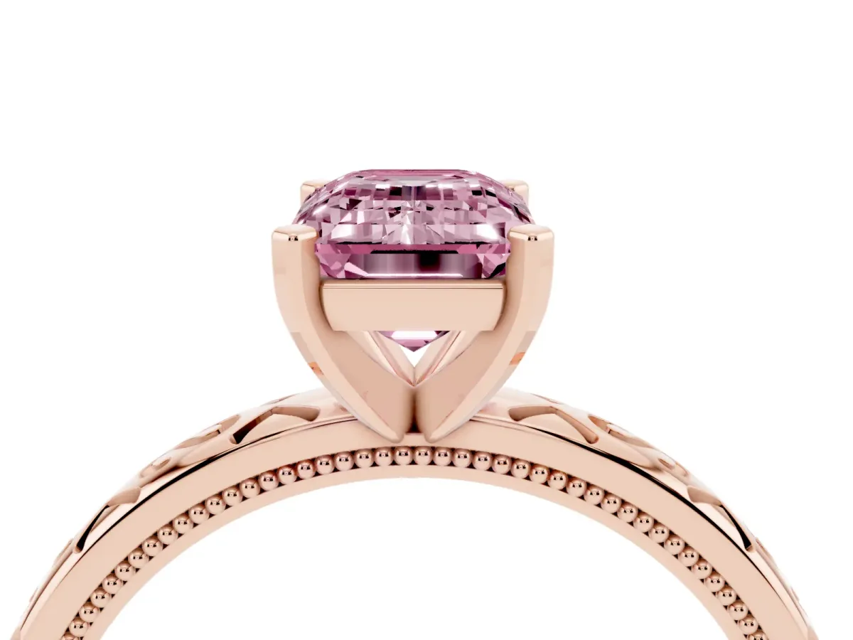 Fancy Pink Emerald Cut Solitaire Engagement Ring with Scrollwork Band and Four-Prong Setting Rose gold