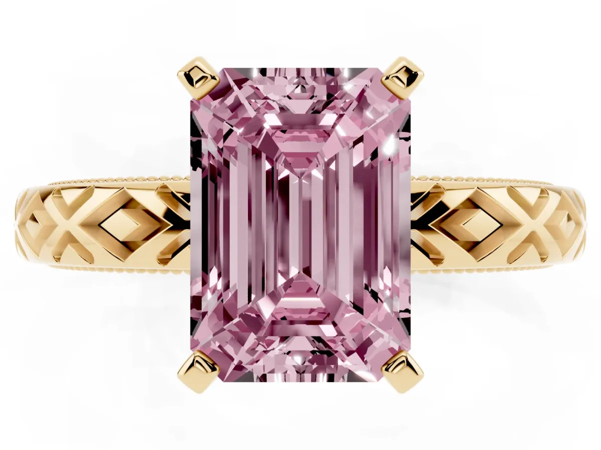 Fancy Pink Emerald Cut Solitaire Diamond Ring with Milgrain and Black Enamel X Pattern Band Yellow gold