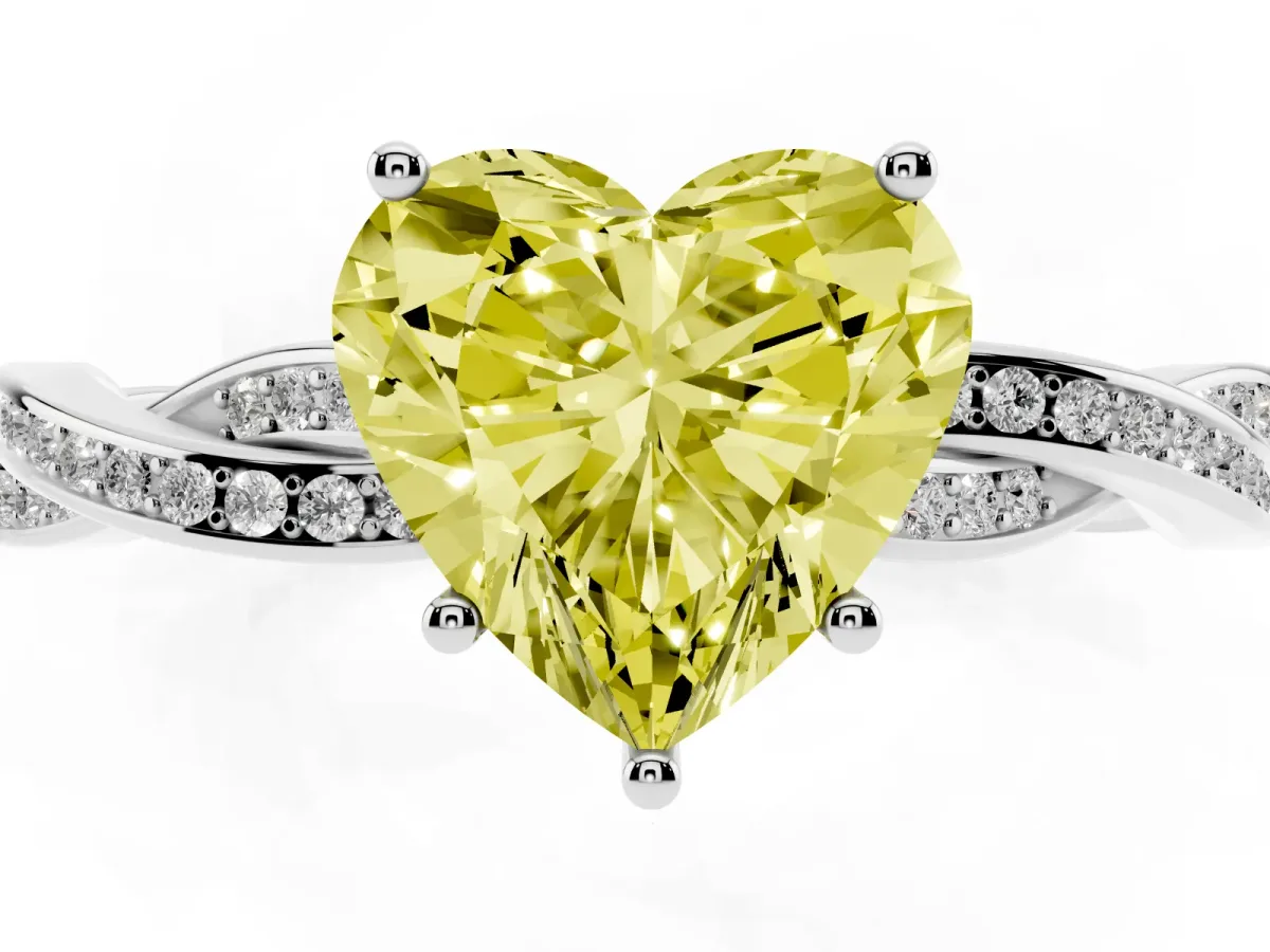 Fancy Yellow Heart Cut Solitaire Twisted Pave Diamond Ring with Four-Prong Setting White gold