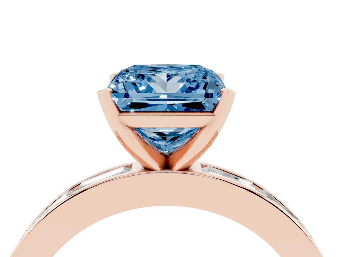 Fancy Blue Princess Cut Solitaire Diamond Ring with Channel-Set Baguette Band and Four-Prong Setting Rose gold