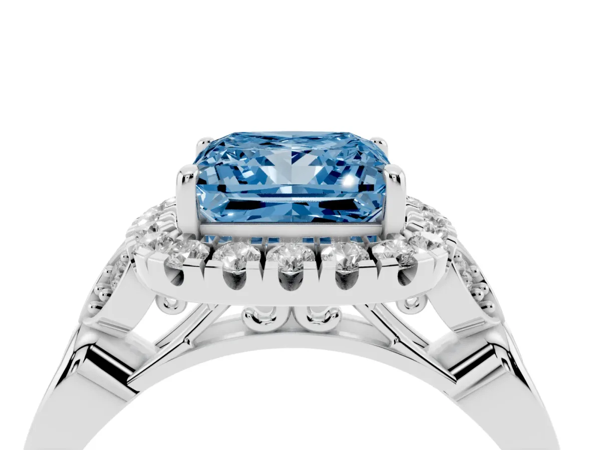 Fancy Blue Princess Cut Halo Diamond Engagement Ring with Vintage-Inspired Band and Four-Prong Setting Silver