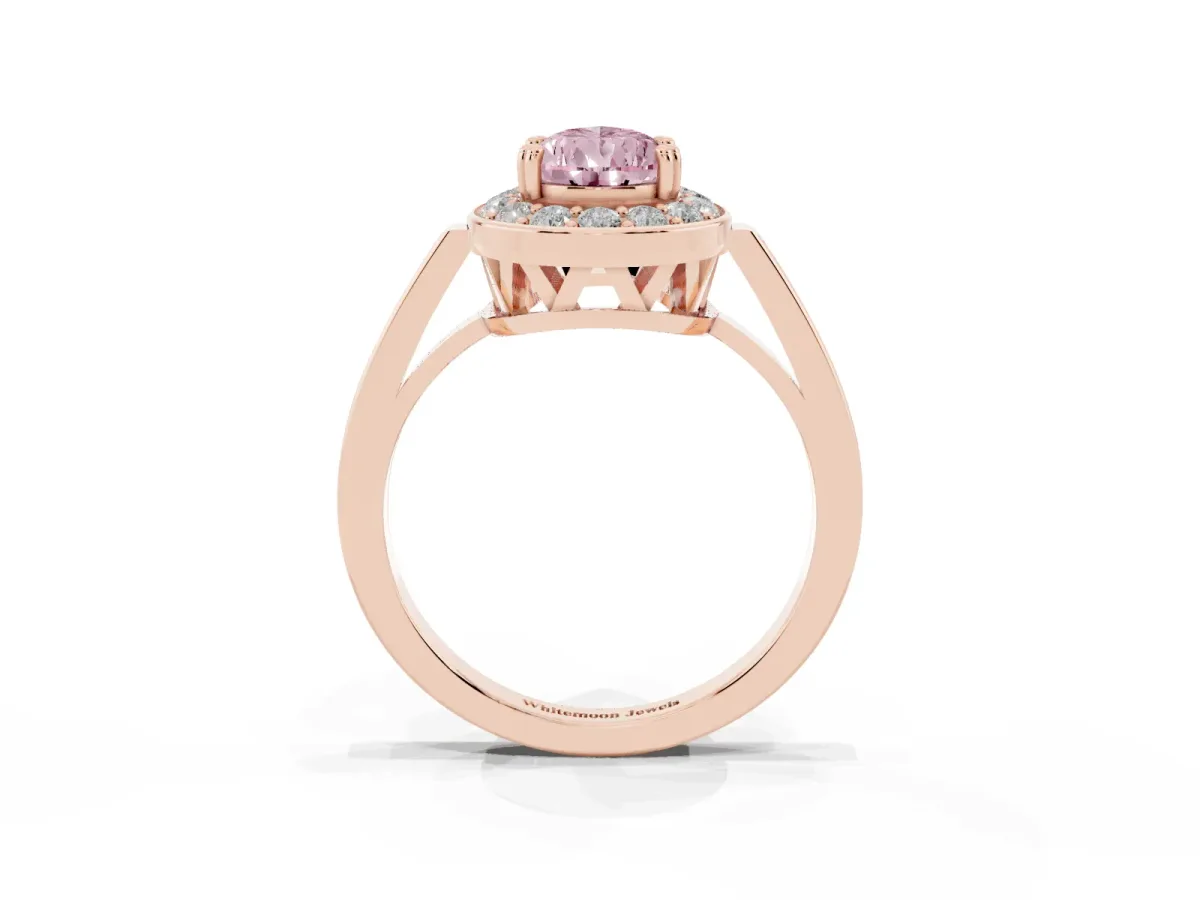 Fancy Pink Pear Cut Diamond Halo Ring with Split Shank and Four-Prong Setting Rose gold