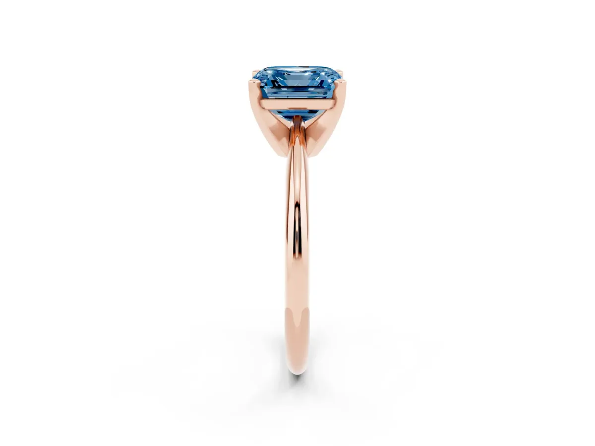 Fancy Blue Asscher Cut Cut Solitaire Ring with Four-Prong Setting on a Classic Band Rose gold