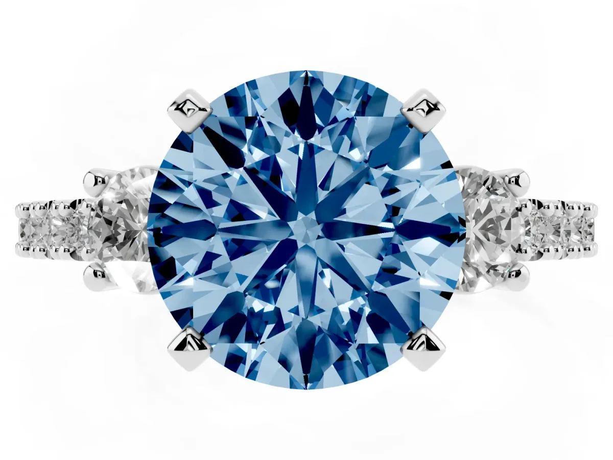 Fancy Blue Round Cut Three-Stone Diamond Pavé Band with Prong Setting Silver