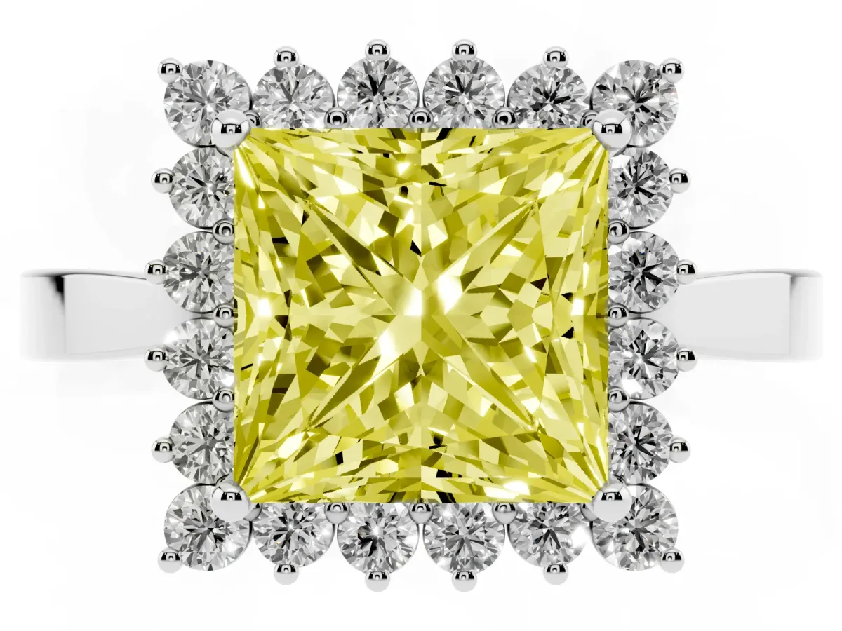 Fancy Yellow Princess Cut Cut Diamond Halo Ring with Round Brilliant Halo and Solitaire Band Silver