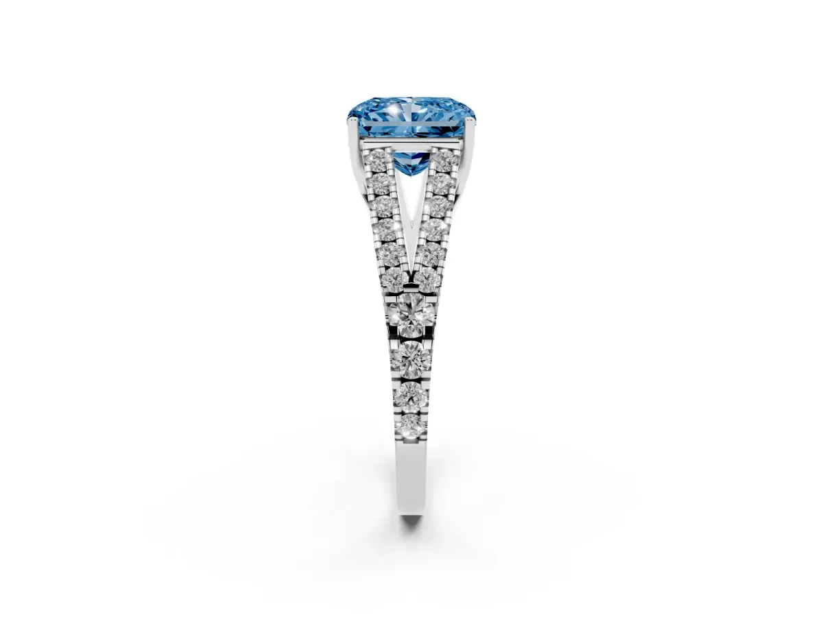 Fancy Blue Radiant Cut Diamond Split Shank Pavé Engagement Ring with Four-Prong Setting White gold