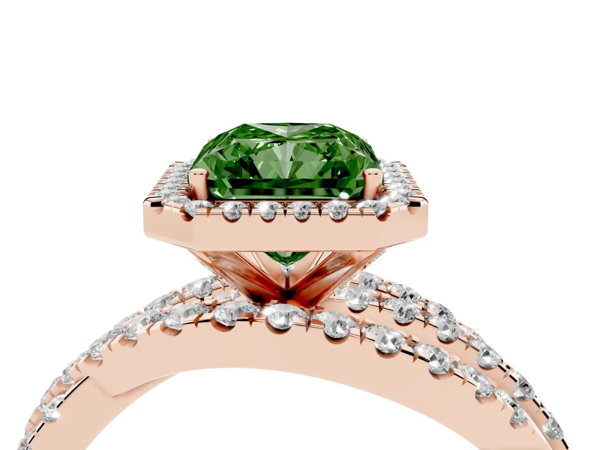 Fancy Green Radiant Cut Diamond Halo Ring with Round Split Shank and Prong Setting Rose gold