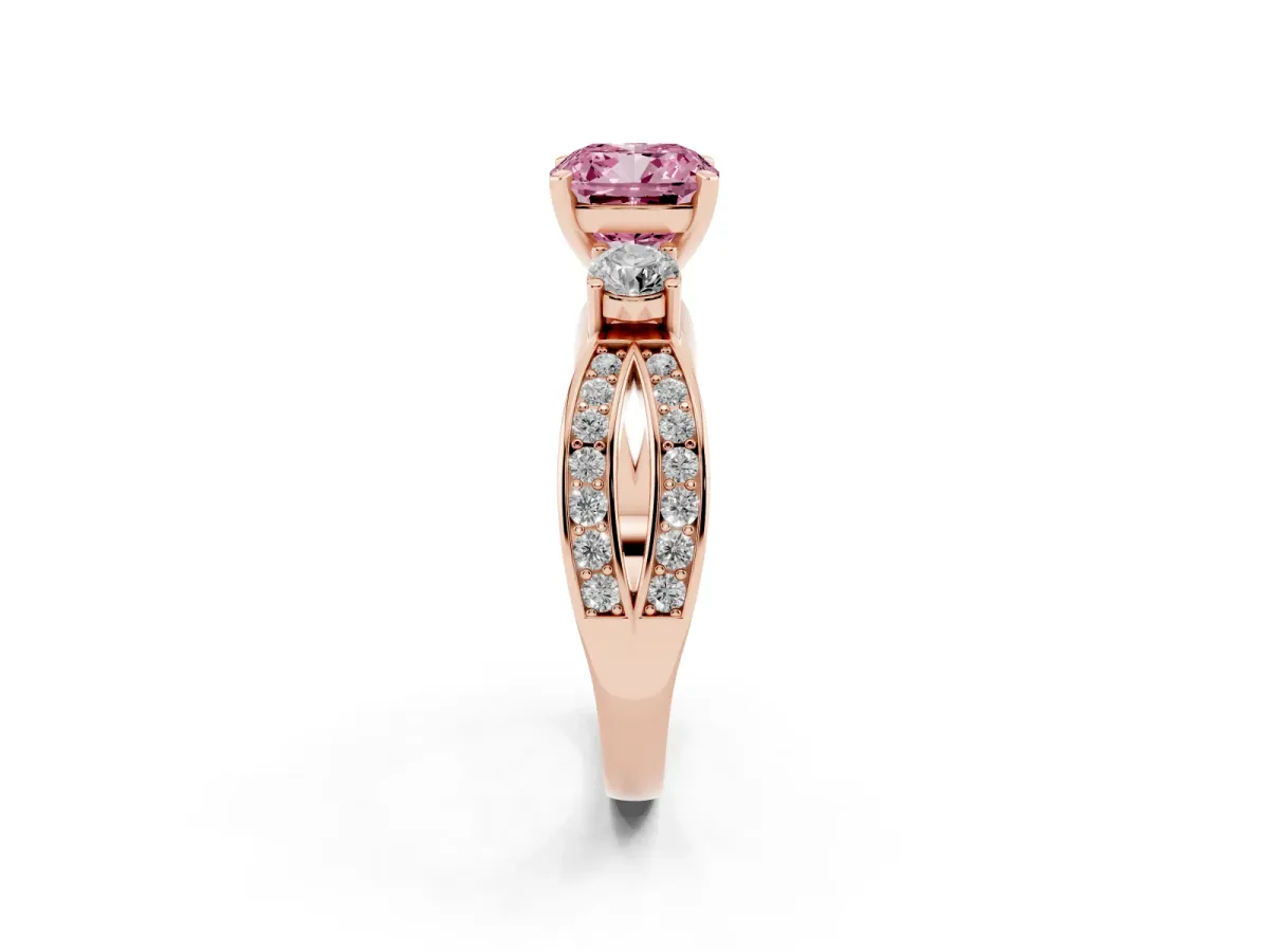 Fancy Pink Three-Stone Cushion Cut Cut Diamond Twist Band with Prong Setting Rose gold