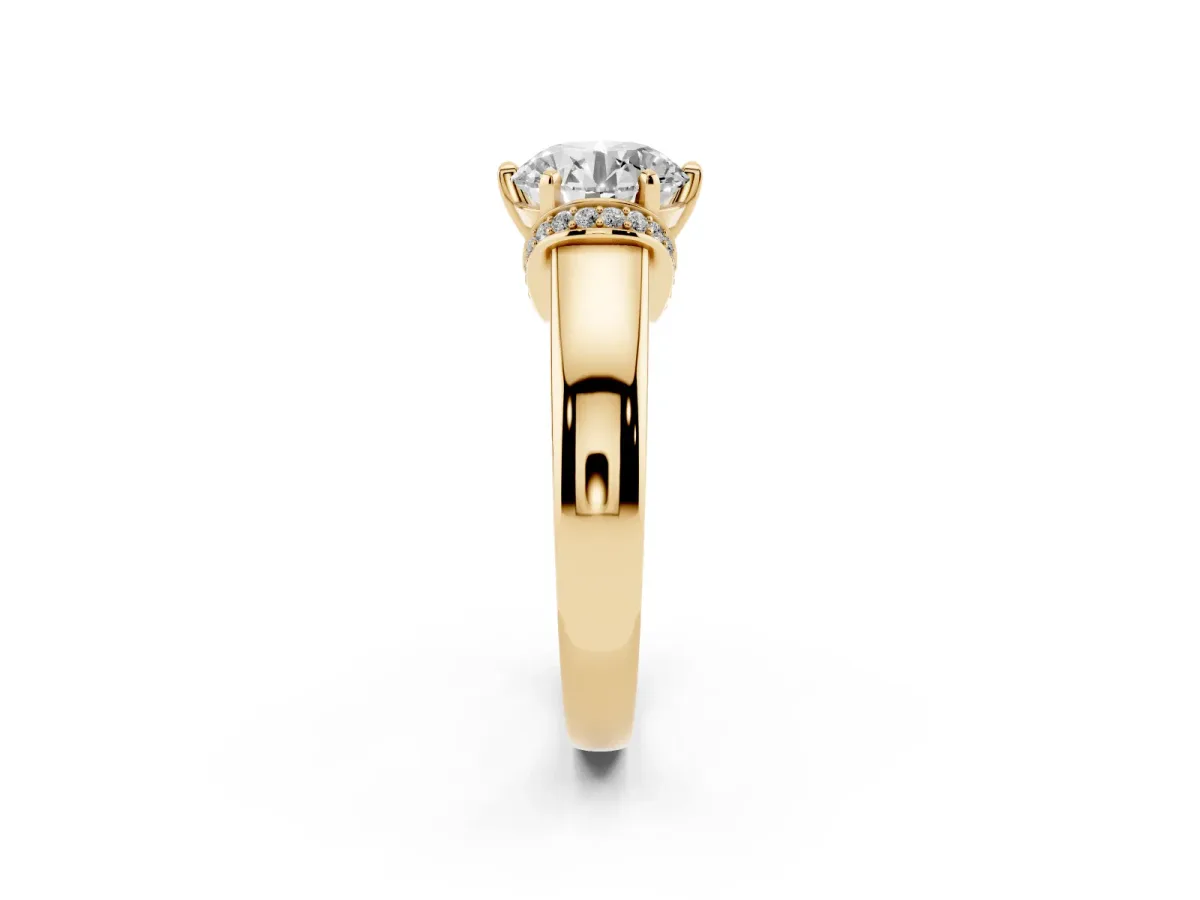 Round Cut Solitaire Diamond Ring with Pave Band and Six-Prong Setting Yellow gold