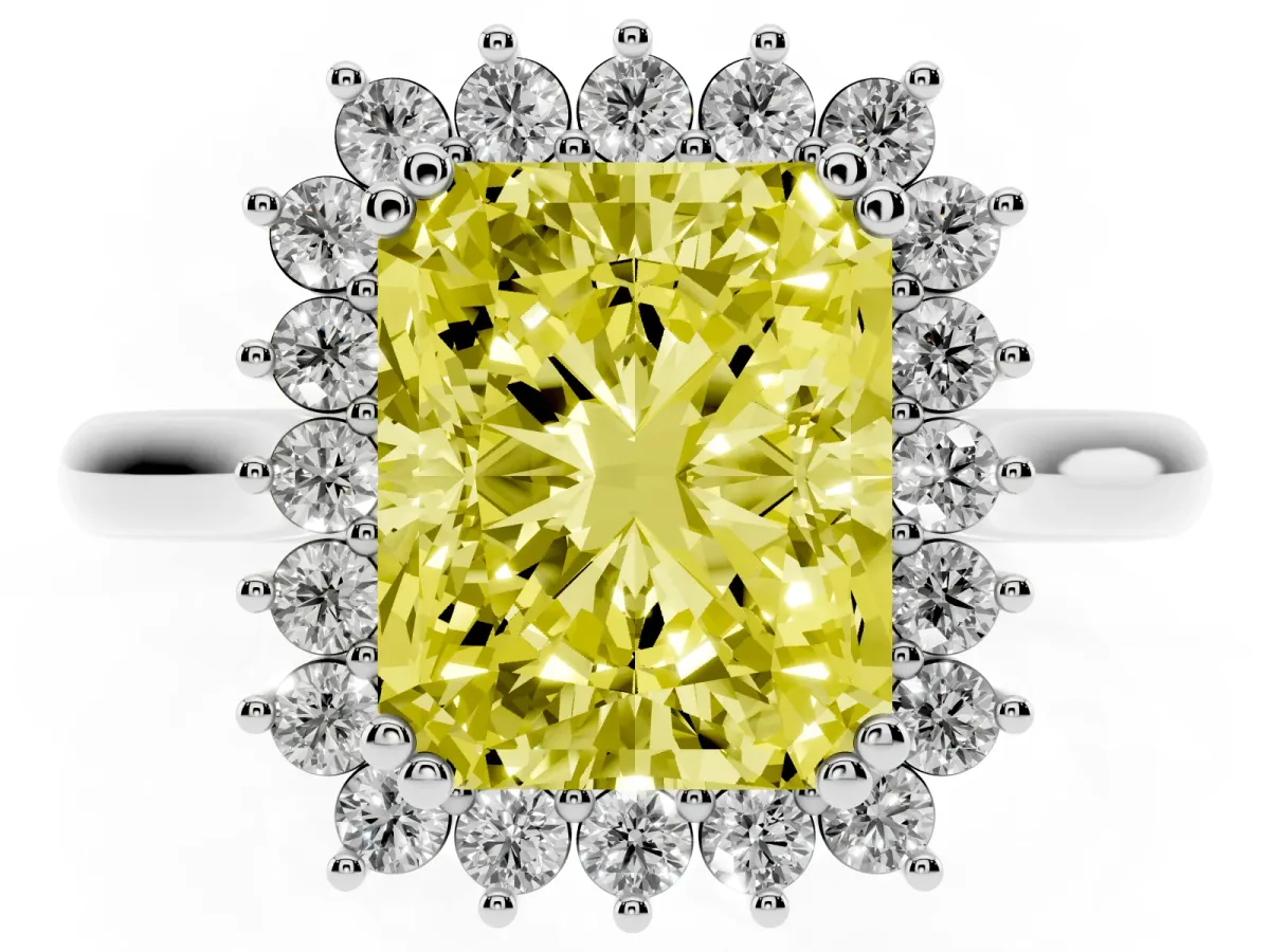 Fancy Yellow Radiant Cut Cut Diamond Halo Ring with Solitaire Band and Prong Setting White gold