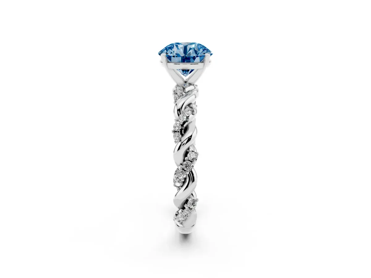 Fancy Blue Round Cut Diamond Solitaire Ring with Twisted Band and Pavé Accents Silver