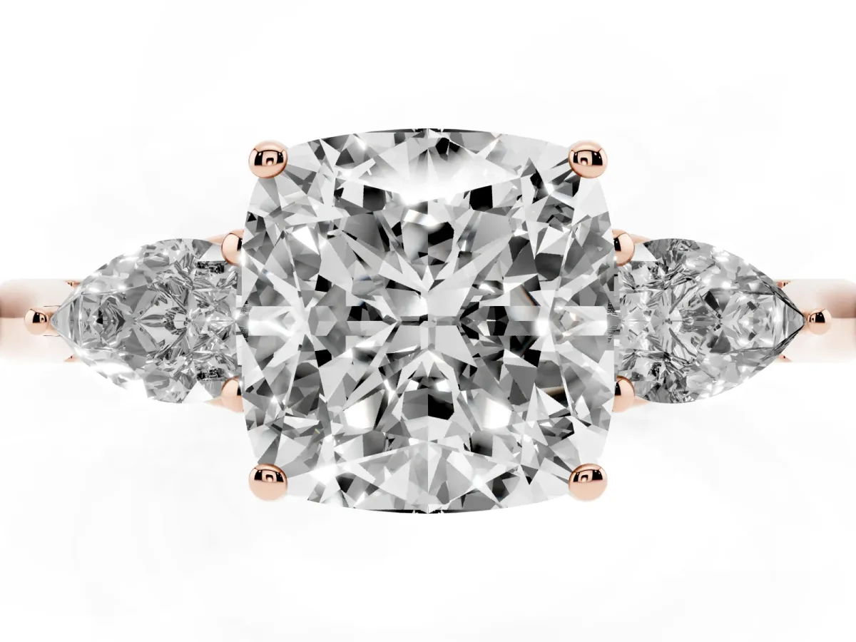 Three-Stone Cushion Cut Brilliant Diamond Solitaire Ring with Tapered Band and Four-Prong Setting Rose gold