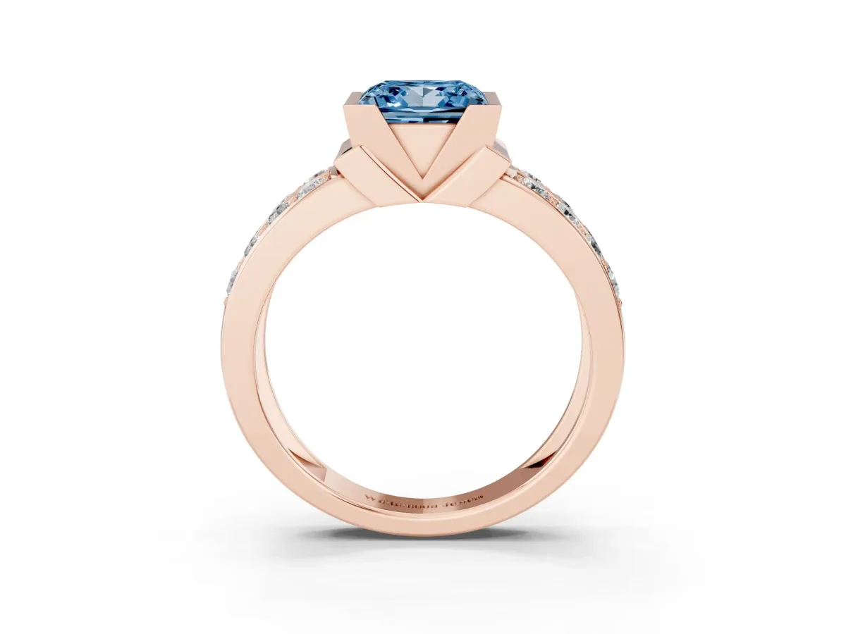 Fancy Blue Princess Cut Brilliant Diamond Channel Set Wide Band Ring with Bezel Setting Rose gold