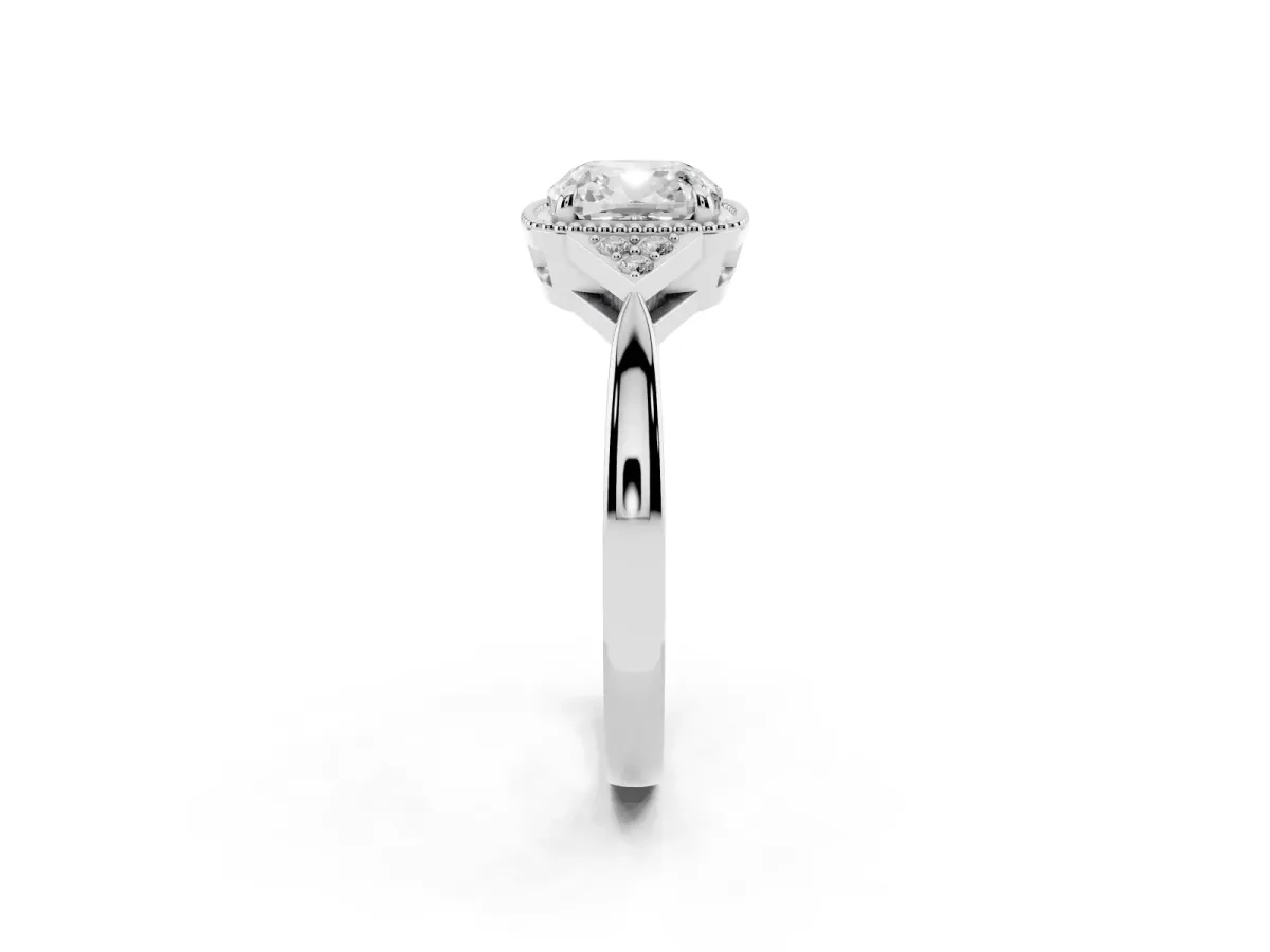 Cushion Cut Diamond Halo Ring with Tapered Band and Four-Prong Setting White gold