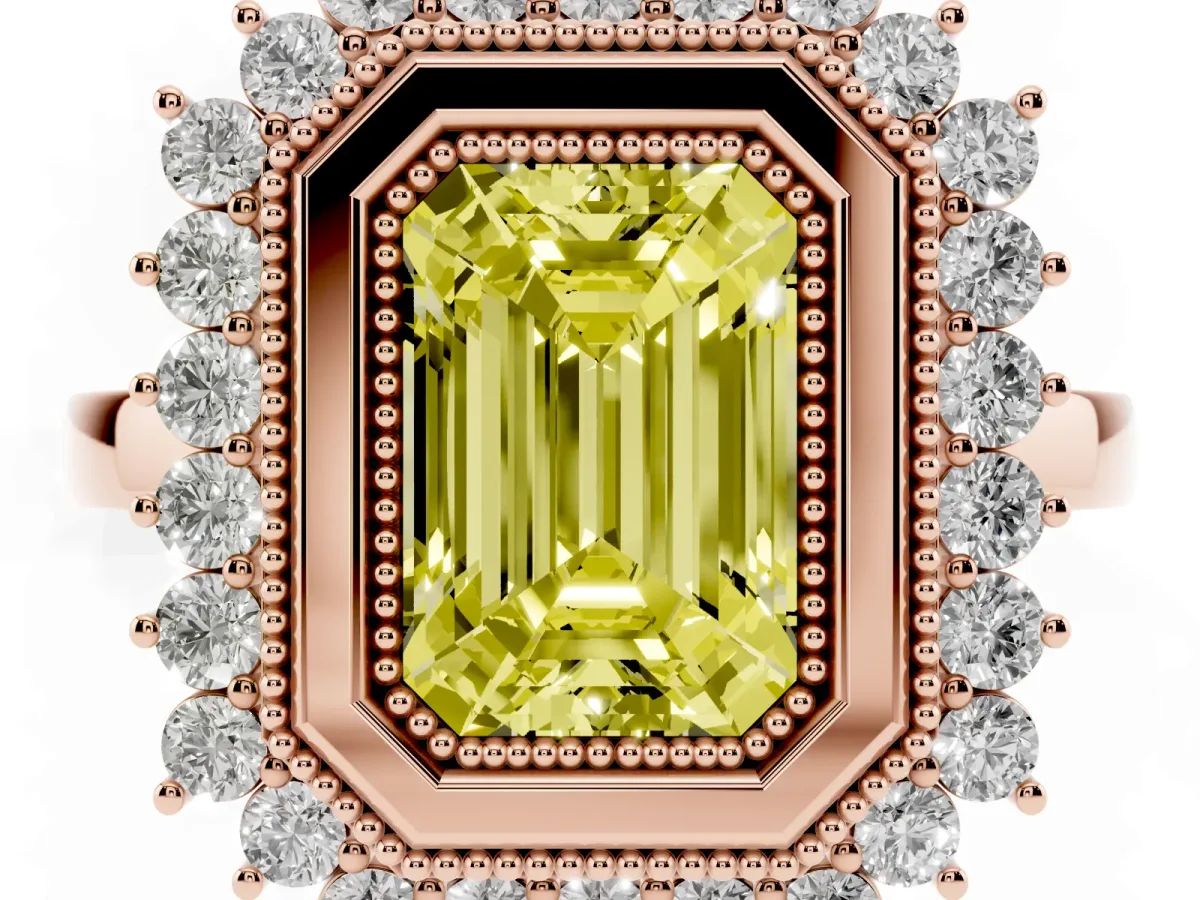 Fancy Yellow Emerald Cut Halo Diamond Ring with Milgrain Edge and Round Prong Setting Rose gold