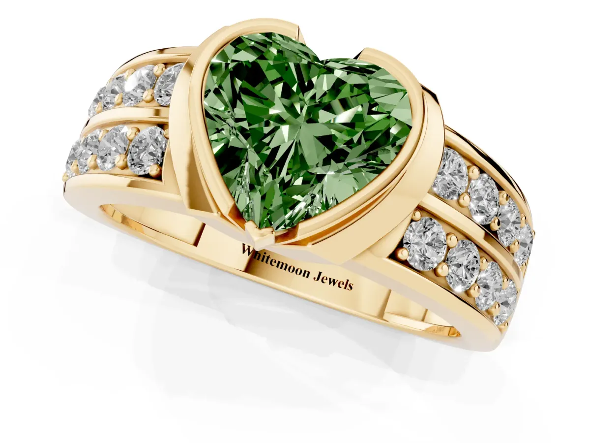 Fancy Green Heart Cut Brilliant Diamond Channel Set Wide Band Ring with Bezel Setting Yellow gold
