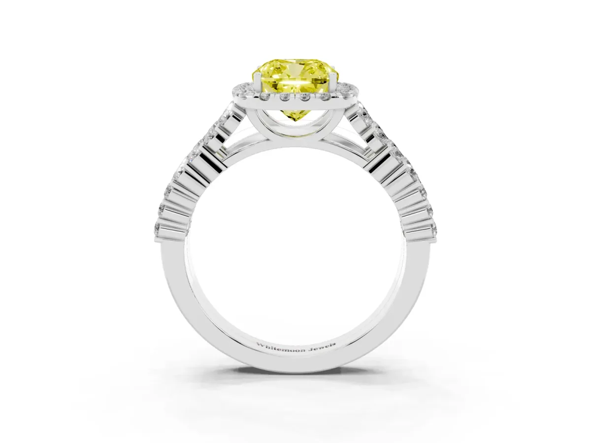 Fancy Yellow Cushion Cut Diamond Halo Engagement Ring with Triple Row Round Pavé Band and Prong Setting White gold