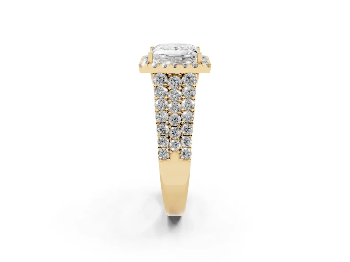Princess Cut Diamond Halo Engagement Ring with Triple Row Round Pavé Band and Prong Setting Yellow gold