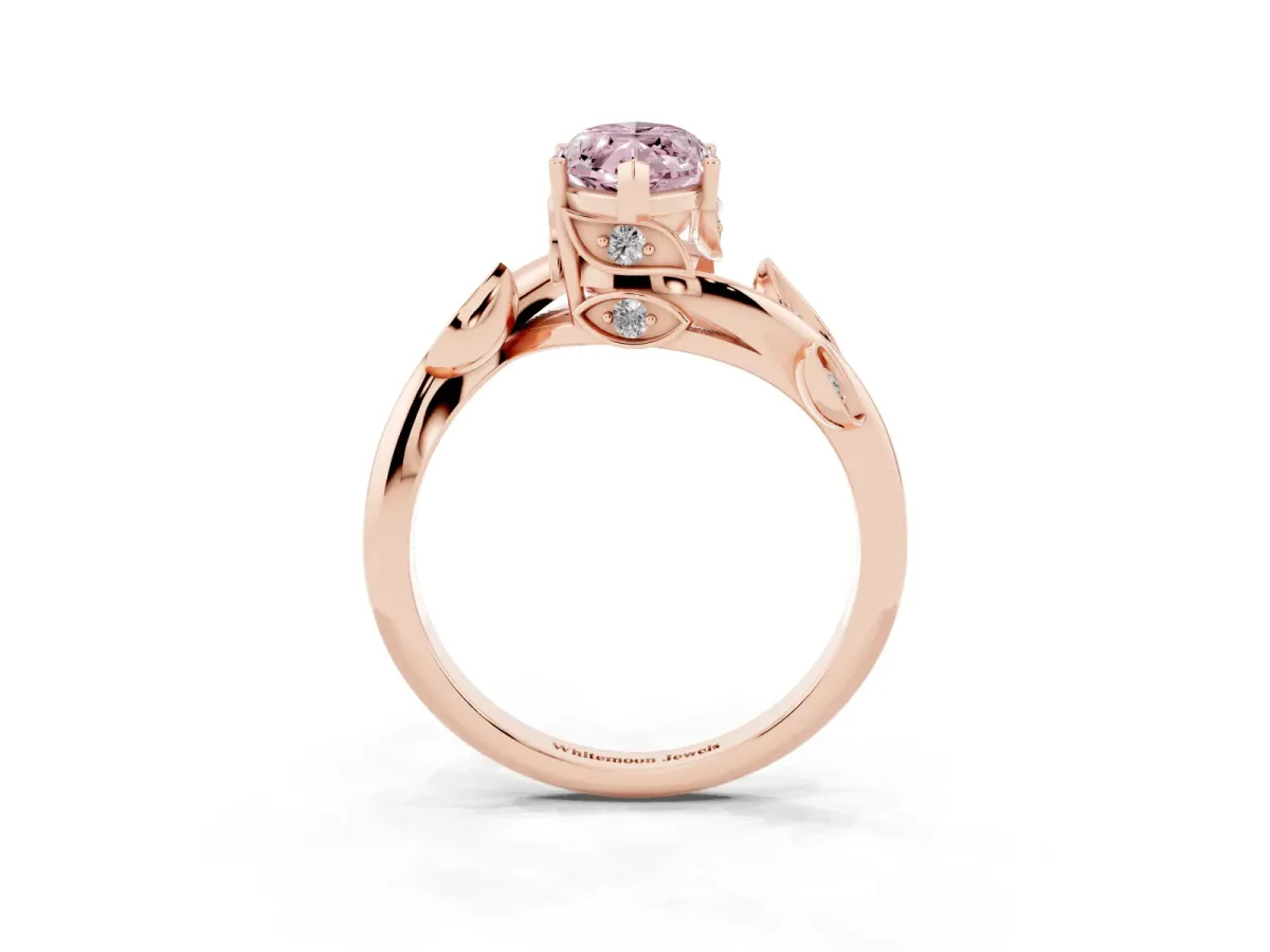 Fancy Pink Marquise Cut Solitaire Twist Engagement Ring with Leaf Accents and Prong Setting Rose gold
