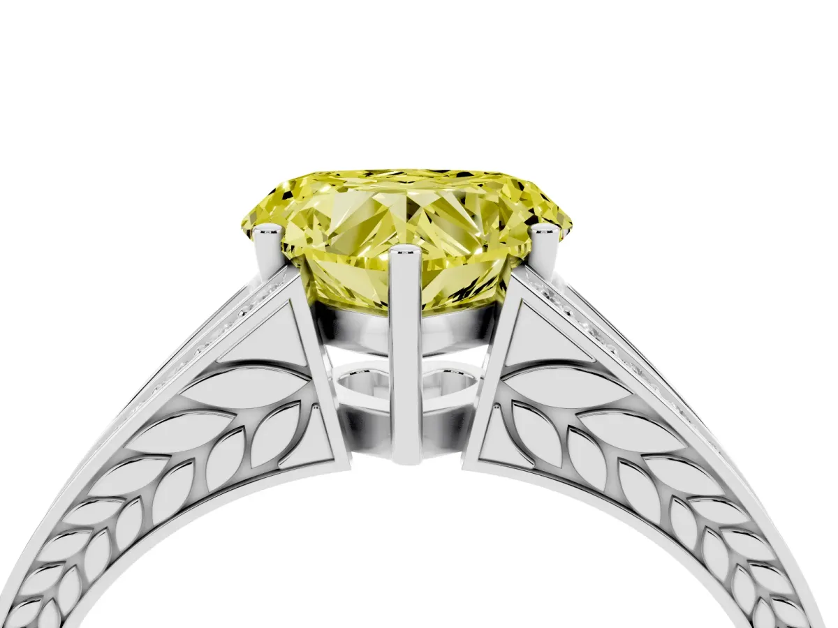 Fancy Yellow Heart Cut Diamond Split Shank Ring with Pavé Band and Four-Prong Setting Platinum