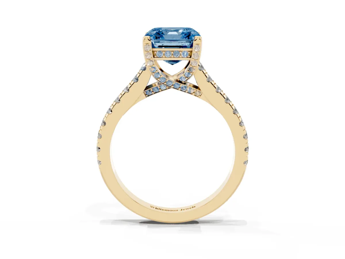 Fancy Blue Asscher Cut Brilliant Diamond Solitaire with Pavé Band and Four-Prong Setting Yellow gold