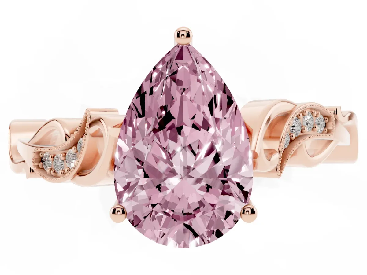 Fancy Pink Pear Cut Solitaire Vine Band with Milgrain Prong Setting Rose gold