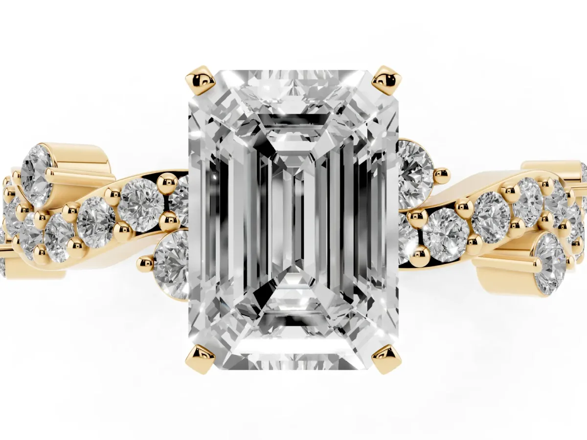 Emerald Cut Cut Solitaire Diamond Twisted Band with Pave Setting Yellow gold