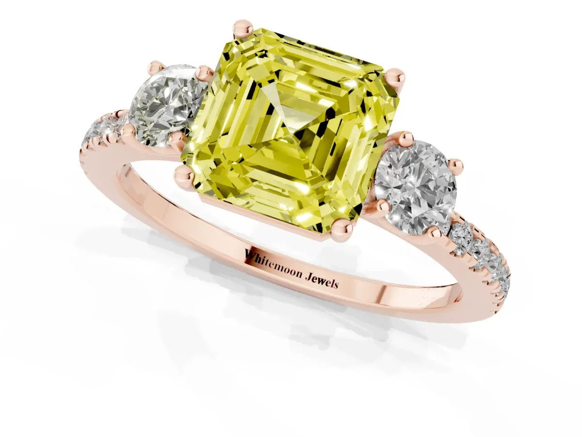Fancy Yellow Three-Stone Asscher Cut Cut Diamond Pavé Band with Prong Setting Rose gold
