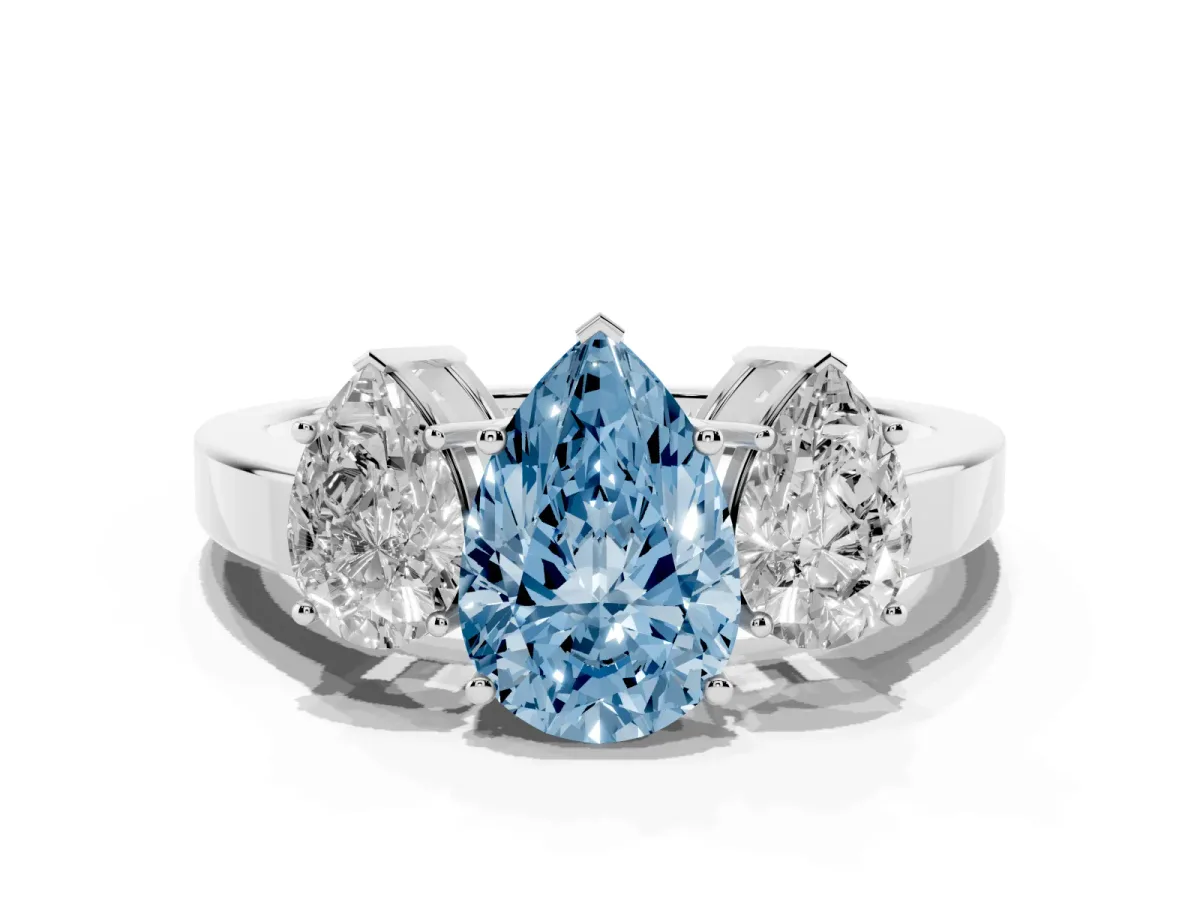 Fancy Blue Three-Stone Pear Cut Cut Diamond Engagement Ring with Flat Band and Four-Prong Setting Platinum