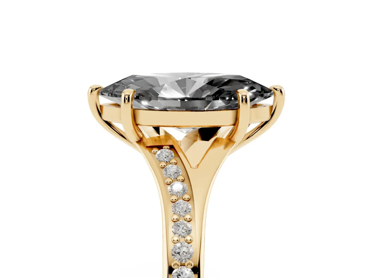 Fancy Black Marquise Cut Diamond Solitaire Ring with Pavé Band and Prong Setting Yellow gold