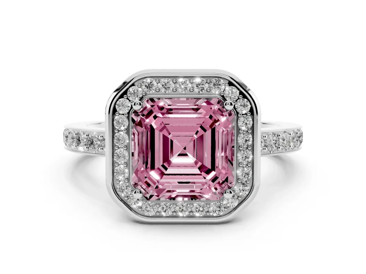 Fancy Pink Asscher Cut Diamond Halo Ring with Bezel Frame and Pavé Band Silver