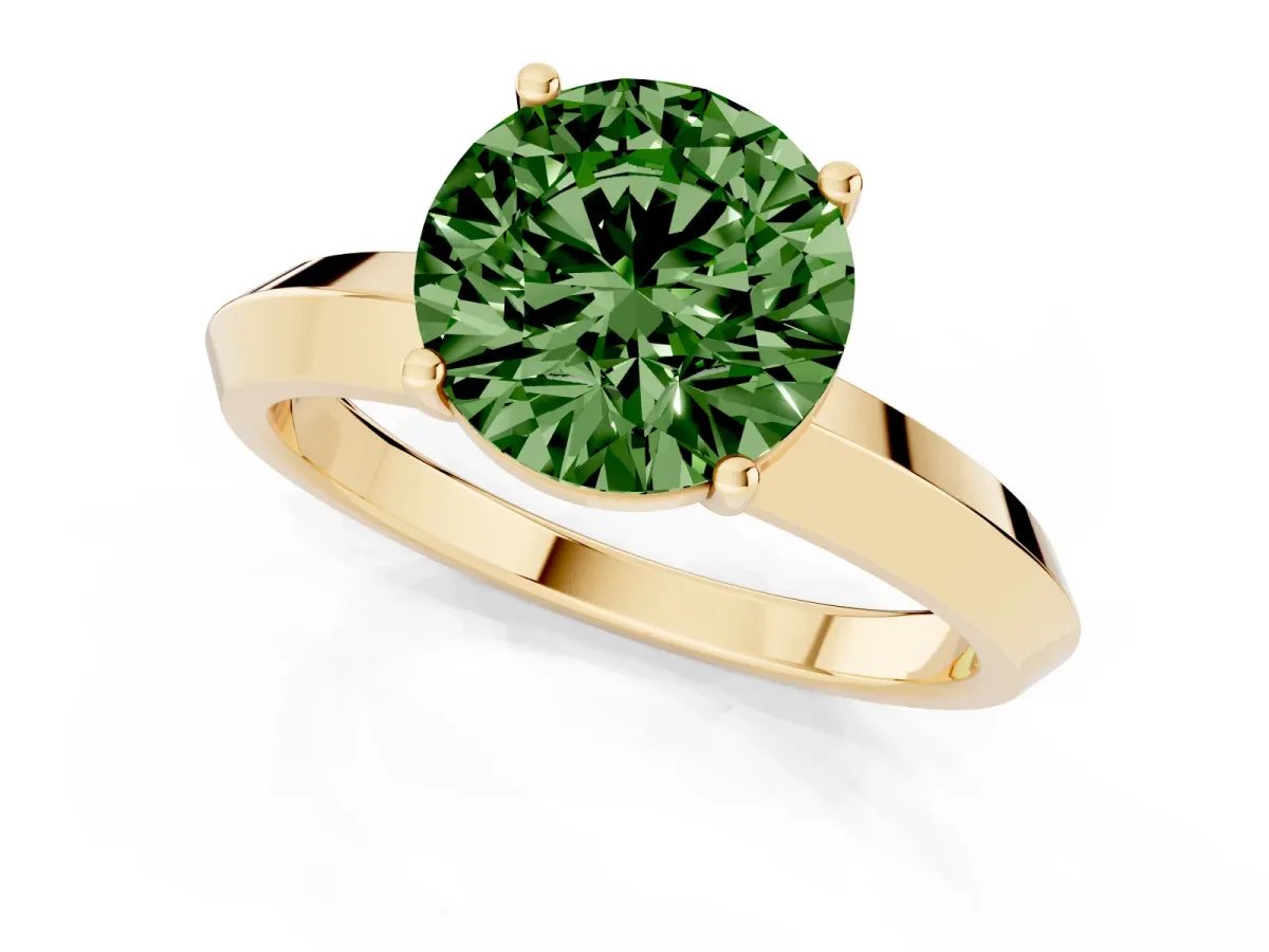 Fancy Green Round Cut Cut Solitaire Engagement Ring with Flat Band and Four-Prong Setting Yellow gold